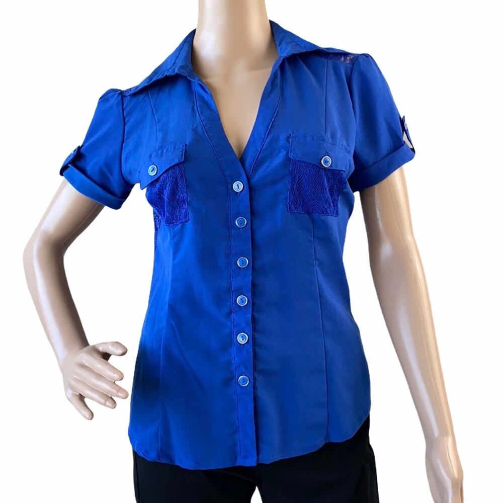HeartSoul Cobalt Blue Lace Back Fold Over Sleeve CurvedHem Front Button Blouse S